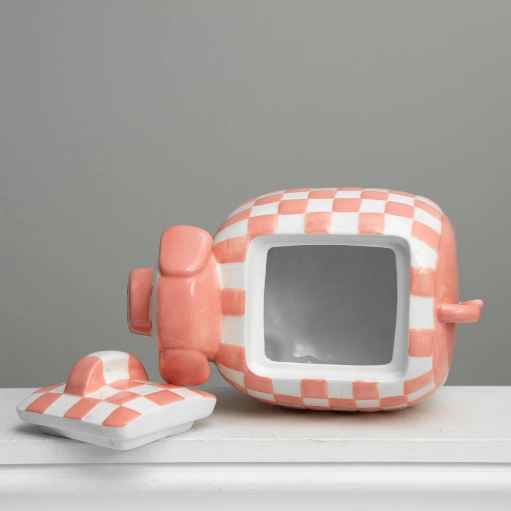 VTG Pink Pig Checkered Cookie Jar Whimsical CottageCore Retro‎ Country Farmhouse